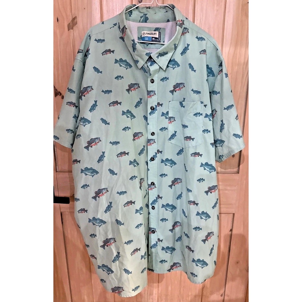 Magellan Shore & Line Mens 3XL Fish Print Fishing Shirt Green Short Sleeve, vent